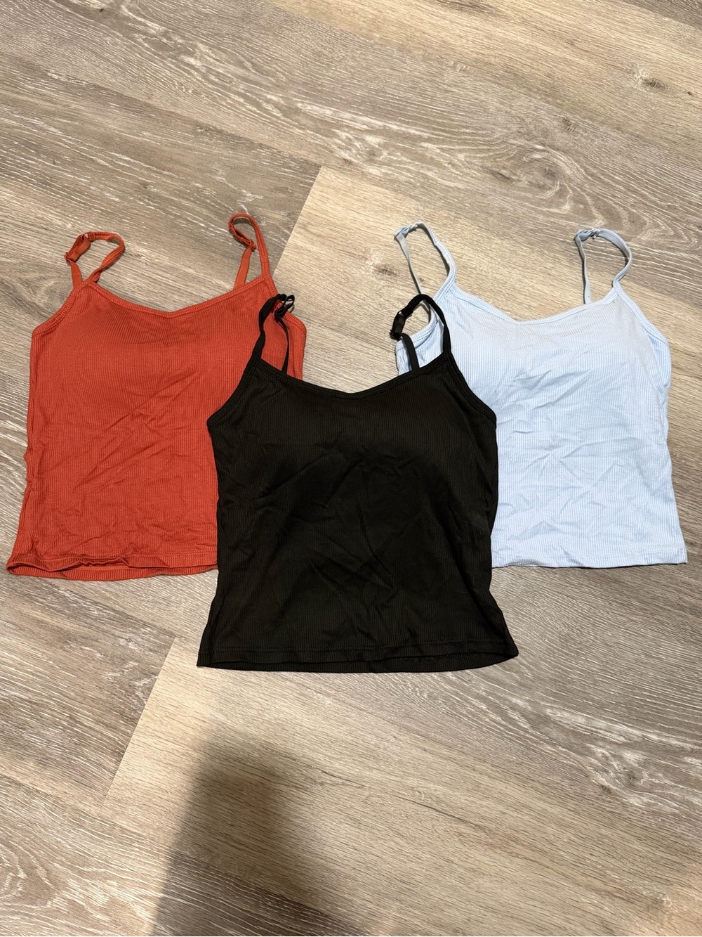 SHEIN Ribbed Spaghetti Strap Crop Top Trio - Black, Rust, Light Blue